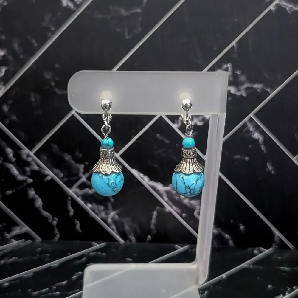Vintage Clip On Earrings Silver Tone & Turquoise Tone Dangle Ball - Statement